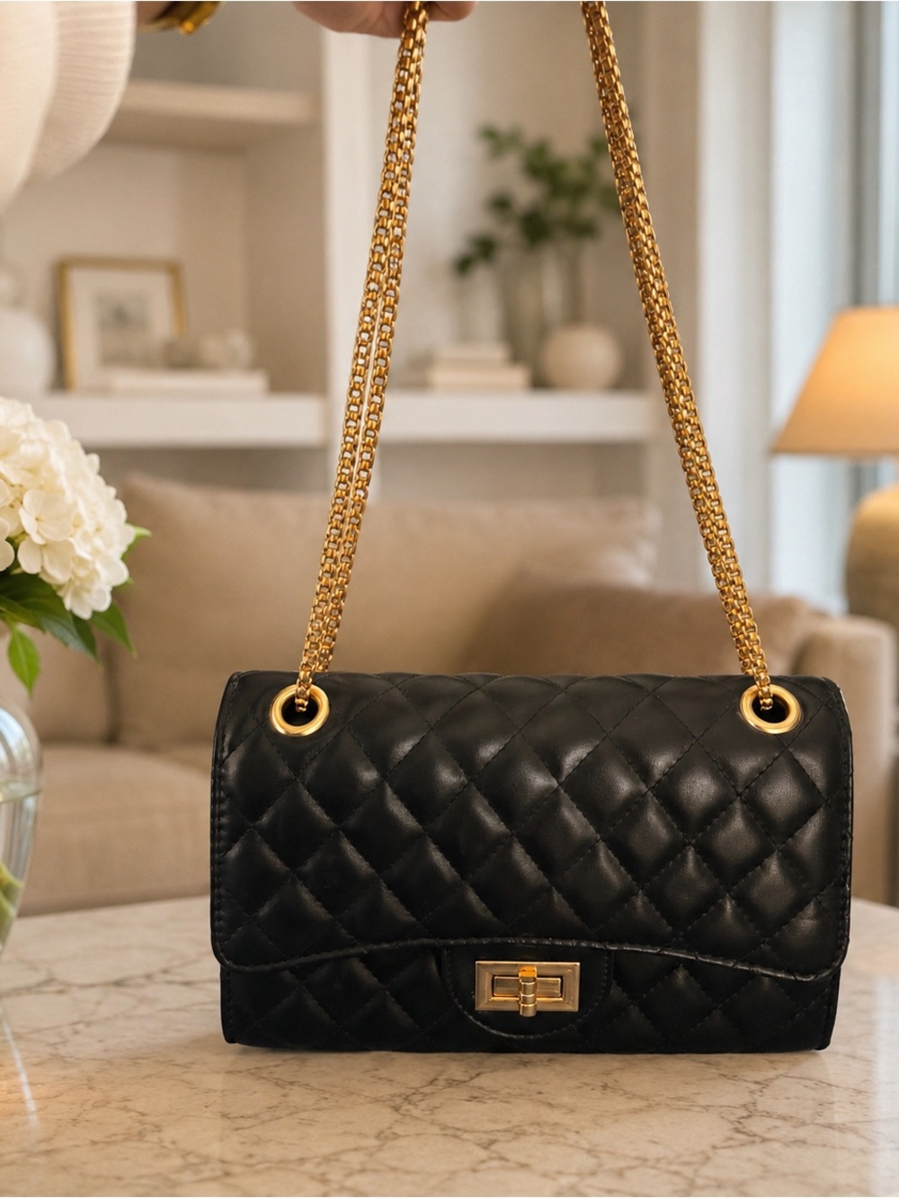 Classic Quilted Black Leather Shoulder Bag with Gold Chain
